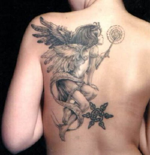 Left Back Shoulder Flying Fairy Black And White Tattoo